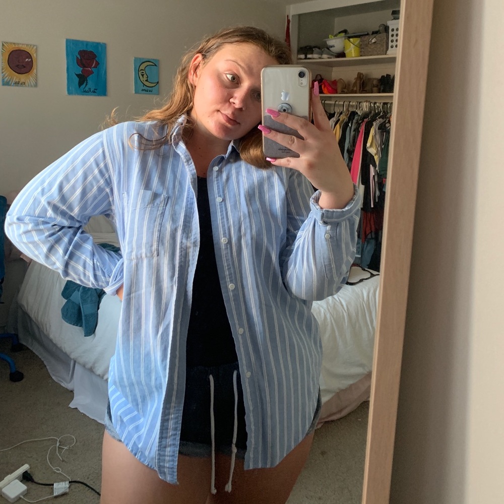 Blue and white stripped button up shirt
